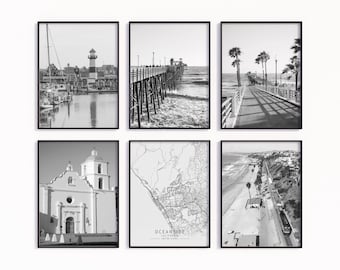 Oceanside California Black and White Photo Print Set of 6, Minimalist Travel wall art