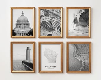 Wisconsin Wall Art Poster , WI Black & White Photo Prints Set: Travel Photography