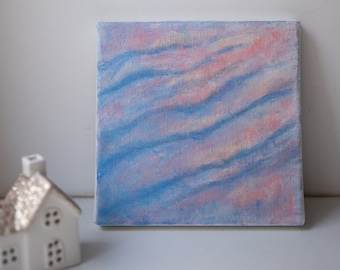 Coucher de soleil sur les vagues de la mer - peinture acrylique carrée originale sur toile, petite taille 20 x 20 cm, décoration d'intérieur, art mural, nautique, acrylique pastel nacré