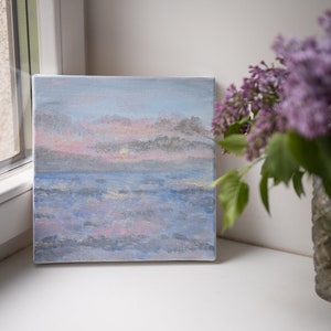 Baltic Sea sunset - original square acrylic painting on canvas, small size 25x25 cm, 10x10 inch