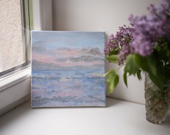 Baltic Sea sunset - original square acrylic painting on canvas, small size 25x25 cm, 10x10 inch