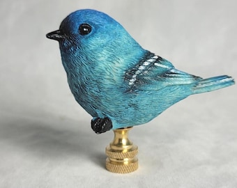 Hand Painted Indigo Blue Bird Lamp Shade Finial:   Solid Brass Base