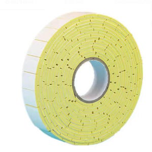 May include: A roll of yellow and white double-sided foam tape. The tape is rolled up, showing the layers of yellow foam and white adhesive backing. The roll has a cardboard core.