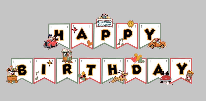 以下が含まれることがあります： ディズニーキャラクターが描かれた「Happy Birthday」のバナー。 黄色の縁取りのある黒い文字は、赤と緑の縁取りのある白いペナントに配置されています。 ミッキーマウスと仲間たちが登場しています。