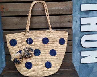 Straw Bag In Polka Pattern, Raffia Tote Bag With Bag Charm 2 Colors Available, Luxury Designer Inspired Tote Bag