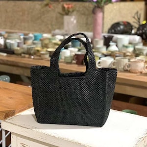 Mini Schwarze Raffia Tasche Madagaskar - Chic Top Henkel Tasche Für Frauen, Geschenk Für Sie