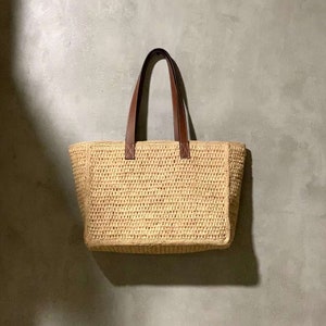 Handmade Crochet RAFFIA BAG with Leather Straps , Summer Beach Straw Bag for Women
