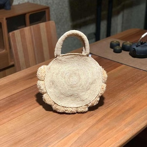 Personalized Crochet Straw Bag with Pom Pom - Natural Raffia Tote, Handcrafted Unique Gift for Her