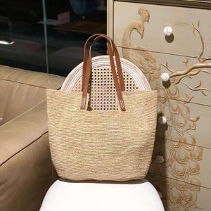 Minimalist Straw Bag With Leather Straps - Unique Raffia Tote Bag For Women, Perfect Gift For Her