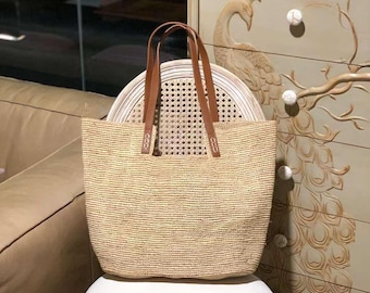 Minimalist Straw Bag With Leather Straps - Unique Raffia Tote Bag For Women, Perfect Gift For Her