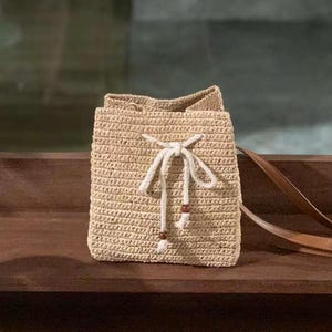 Drawstring Mini Crossbody Bag Leather Strap - Handmade Chic Straw Backpack For Women, Unique Gift For Her
