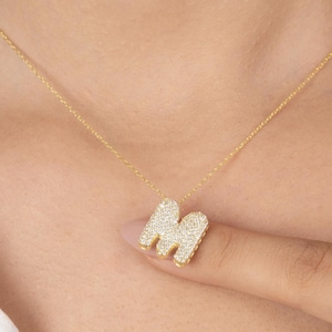 Colgante con inicial de letra de burbuja de diamante en oro de 14 k, collar con letra de diamante en globo 3D, collar personalizado para mujer, regalo de cumpleaños para mamá