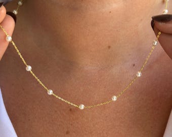 Collar de perlas de oro de 14 k – Delicado collar de cadena de cuentas – Collar minimalista de perlas – Elegante collar de capas para mujer, ella