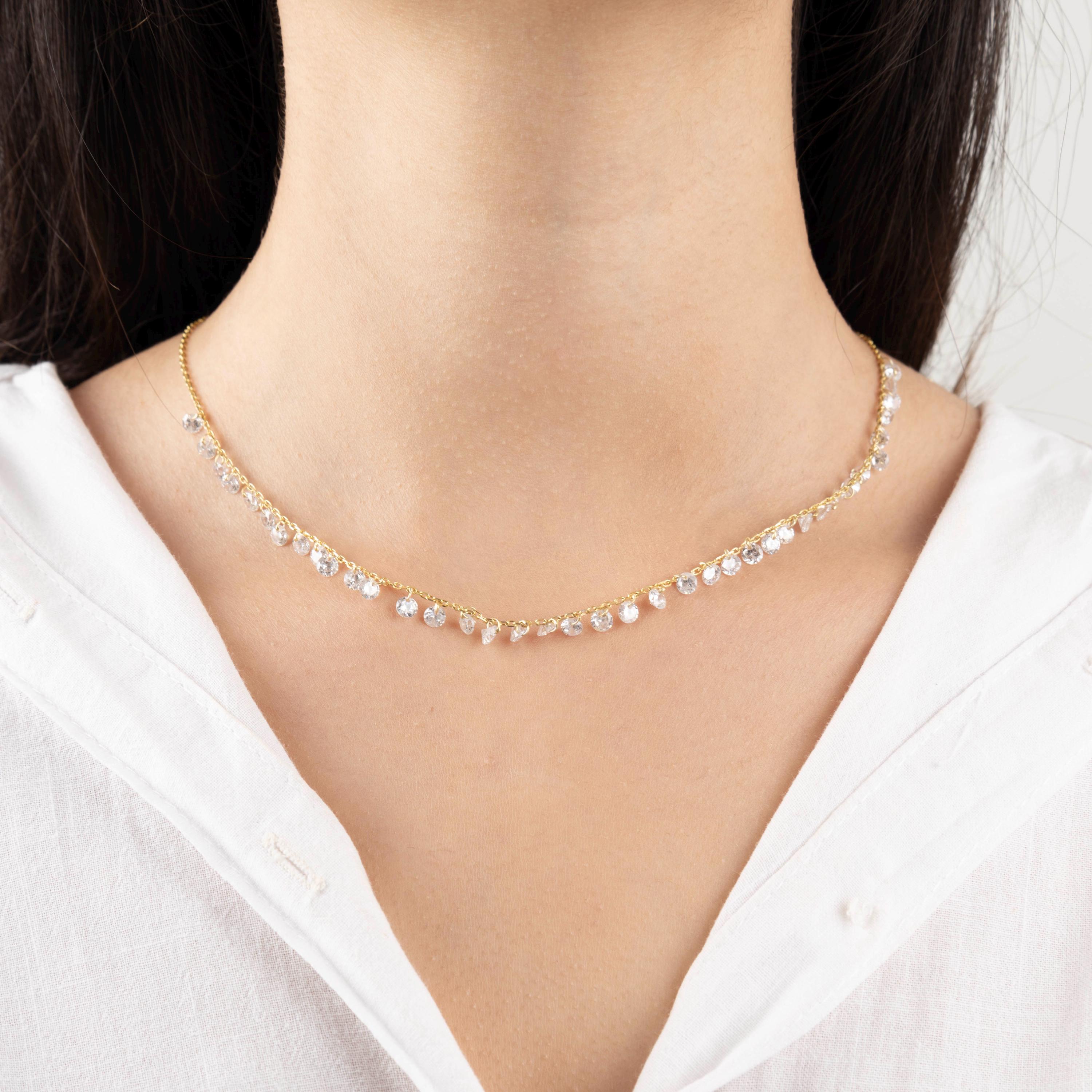 14k Gold Diamond Station Drop Necklace, Round White Diamond Layering ...