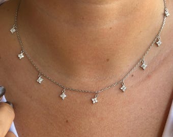 14k Gold Diamond Clover Station Necklace, Dainty Four Leaf Flower Necklace, Minimalist Lucky Necklace for Women, Everyday Layering Jewelry