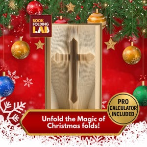 May include: A book with pages folded to create a cross shape, with the text "Unfold the Magic of Christmas folds!" and "Pro Calculator Included". The background features Christmas ornaments and pine branches.