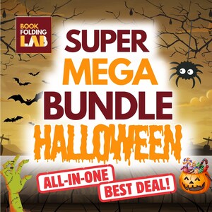 Può includere: Grafica a tema Halloween con le parole "SUPER MEGA BUNDLE HALLOWEEN" in arancione e marrone. Include pipistrelli, un ragno, una mano di zombie e una zucca piena di caramelle. È presente anche il testo "ALL-IN-ONE BEST DEAL!"