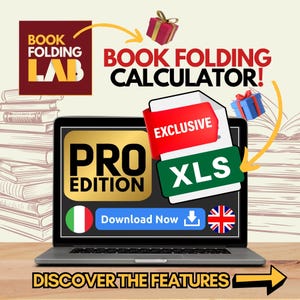Può includere: Uno schermo di un laptop mostra i file "PRO EDITION" e "XLS", con il testo "BOOK FOLDING CALCULATOR!". L'immagine include confezioni regalo e bandiere, con le parole "Download Now" e "DISCOVER THE FEATURES".