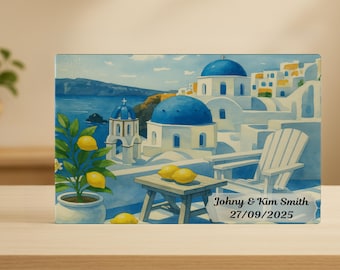 Personalized Santorini Glass Cutting Board: Greek Island Kitchen Decor