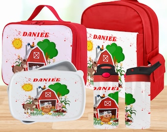Personalisierte Farm Animal Kids Schulset: Rucksack, Brotzeittasche & Wasserflasche