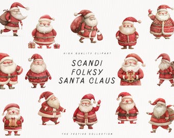 Scandi Santa Claus Clipart, Folk Art Theme, Christmas Night Presents, Cute Santa Carrying Bag PNG, Naughty Nice List, Modern Thank you Card