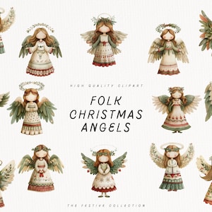 Folk Christmas Angel Clipart, Holiday Season Clip Art, Winter Whimsical Set, Scandi Peace Wings, Greeting Card, Ornament, Sublimation, PNG