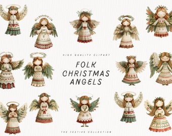 May include: Watercolor illustrations of folk Christmas angels with detailed wings, halos, and festive attire. The angels are depicted in various poses, wearing dresses with floral and geometric patterns. The text reads "Folk Christmas Angels" and "High Quality Clipart".
