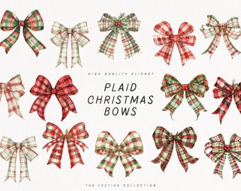 Plaid Christmas Bows, Watercolor Coquette Red Green & Light Cream, Ribbon Clip Art PNG, Mistletoe, Scandi Folk Art, Sublimation, POD, Cards