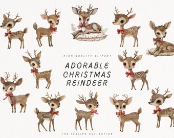 Christmas Reindeer Clipart, Woodland Animal Clip Art, Holiday Season Clip Art, Cute Deer PNG, Gift Tag, Sticker, Sublimation POD, Tote Bag