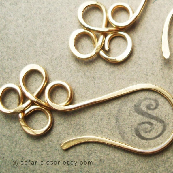 Four Leaf Clover Handforged Earrings or Earring Findings - Yellow or White or Rose 14KT Gold Fill , Sterling, Copper, Brass and Fine Silver