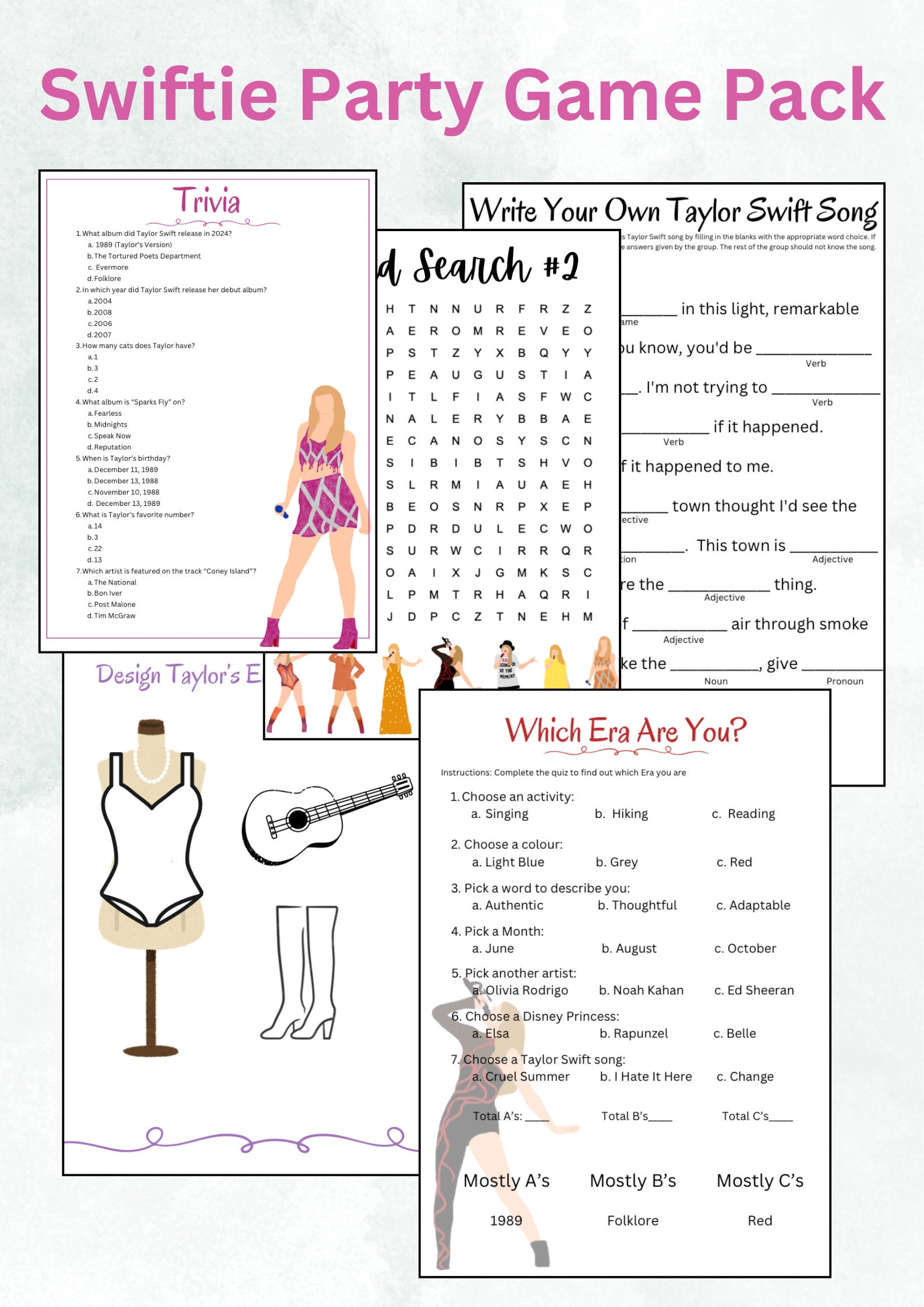 Swiftie Party Games, Taylor Swift Activity Book, Taylor Swift Party Games, Printable Games, Eras