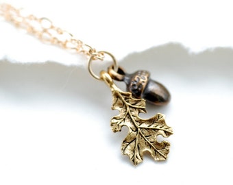 Oak Leaf Necklace, Leaf Jewelry, Acorn Necklace, Gold Necklace, Autumn Jewelry, Woodland Wedding, Nature Jewelry, Gold Fill, Falling Leaves