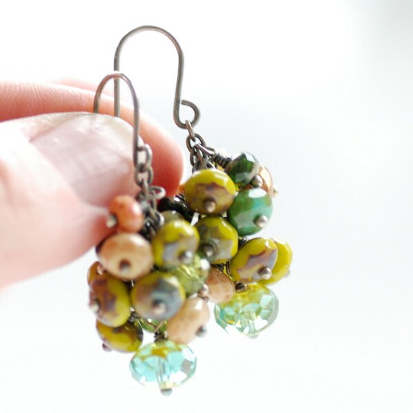 Woodland Earrings, Cluster Earrings, Green Brown Earrings, Dangle Earrings, Nature Jewelry, Oxidized Sterling Silver - Green Earth