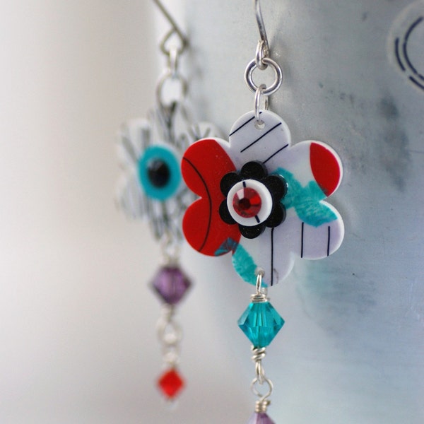 Flower Earrings, Whimsical Earrings, Groovy Earrings, Fun Jewelry, Red and Turquoise Handpainted Flowers and Sterling Silver - Flower Child