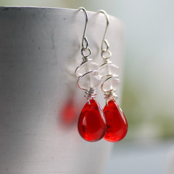 Red and White Earrings, Wirework Earrings, Candy Cane Earrings, White Frosted Glass, Red Glass and Wire Wrapped Sterling Silver, LAST PAIR