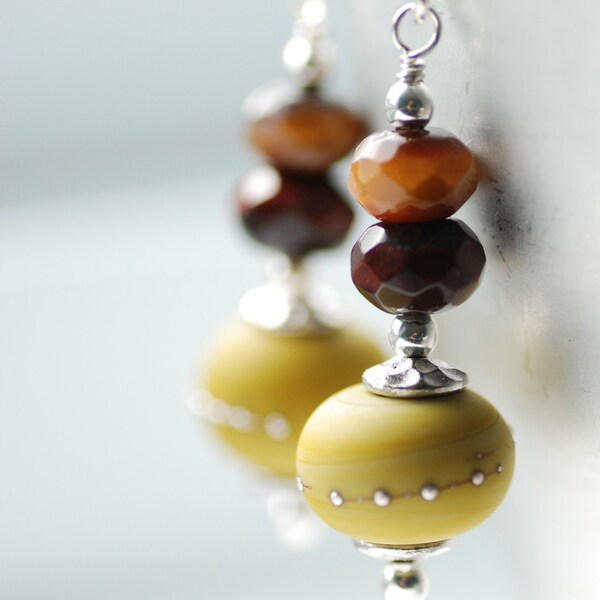 Earthy Earrings, Olive Green and Brown, Woodland Earrings, Tiger's Eye Earrings, Glass Jewelry, Autumn Wedding - Rustling Leaves