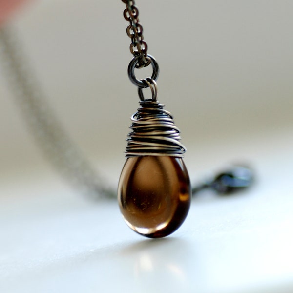 Simple Pendant Necklace, Smokey Topaz Glass Necklace, Glass Pendant, Oxidized Silver Necklace - Whiskey