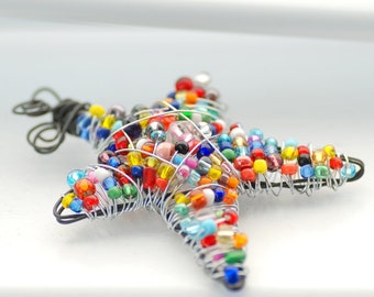 Star Ornament, Colorful Decor, Xmas Tree Ornament, Beaded Wire Star, Hostess Gift, Christmas Ornament, Holiday Decoration or Suncatcher