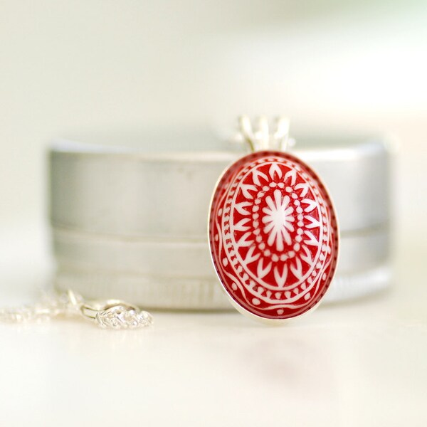 Scandinavian Pendant, Pendant Necklace, Red and White Pendant, Oval Pendant, Lucite Jewelry, Holiday Jewelry, Sterling Silver Chain