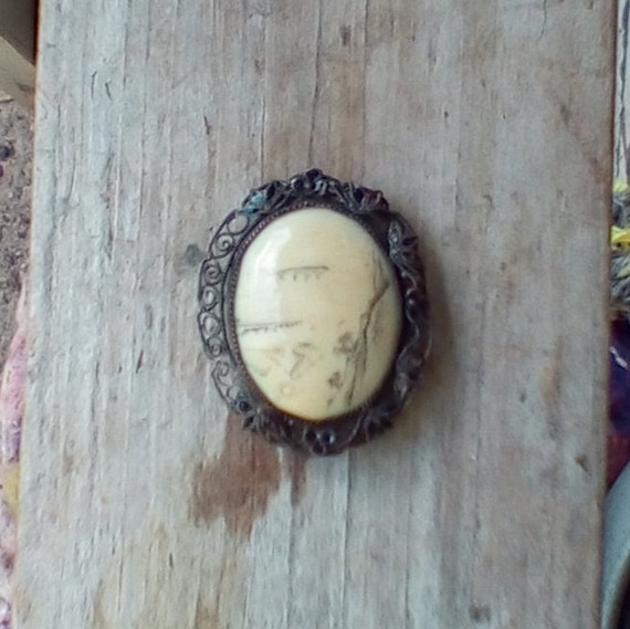 Antique scrimshaw fur/dress pin, silver, bone, ori