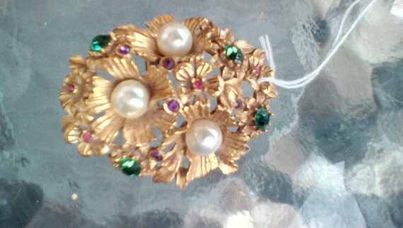 Florenza brooch, goldtone with suffragette colors