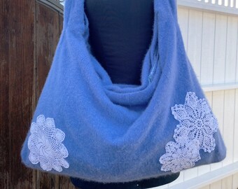 Upcycled Snowflake Sweater Bag with Vintage Doily Applique - Eco-Friendly and Stylish