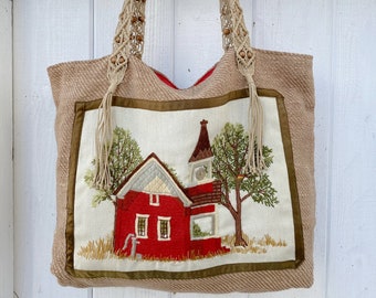 Handmade Embroidered Tote Bag with Repurposed Straps