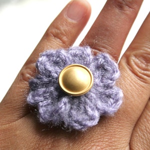 Wisteria -  lavender crocheted flower ring with gold tone vintage button