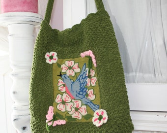 Handmade Shoulder Bag with Vintage Needlepoint - Blue Bird and Floral Design