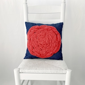 Cora - Denim Accent Pillow with Coral Red Oversized Crocheted Flower Applique
