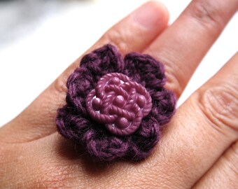 Plum Pudding - purple crocheted ring with vintage button