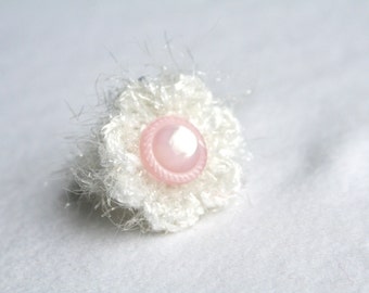 Pink Pearl - white crocheted ring with vintage button