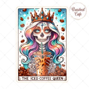 Design de sublimação de cartas de tarô da rainha do café gelado - Design de clipart moderno de amante cafeinado - Design de sublimação para download instantâneo