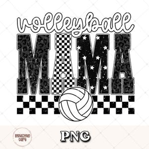 May include: A black and white graphic design with the words "volleyball MAMA" in a distressed font. The letters "MAMA" have different patterns, including leopard print, stars, and a checkered design. A volleyball is centered below the text.